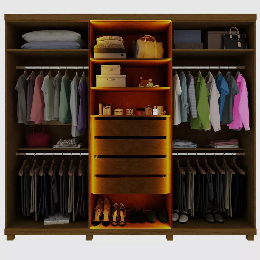 Guarda Roupa Casal LED com Vidro Reflecta 6 Portas com Pés em MDF Absolut Gelius