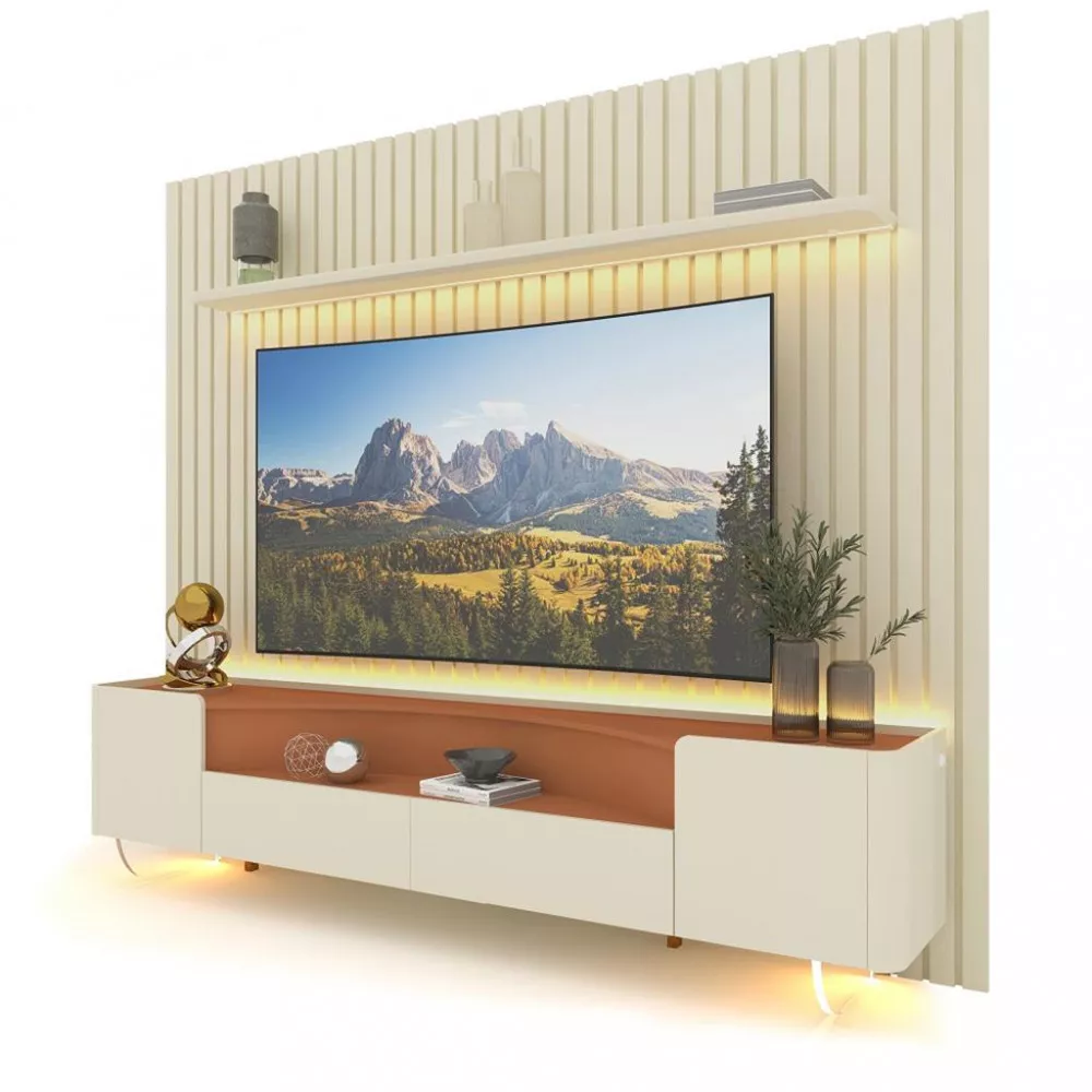 Rack com Painel para TV até 85 Polegadas 2 Portas 2 Gavetas 230cm Pés de Vidro Nobre Infinity Gelius