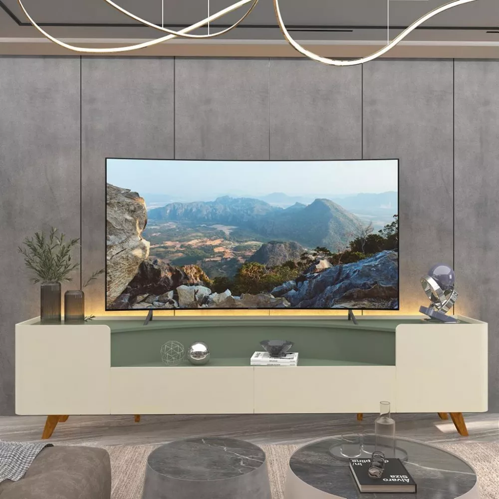 Rack para TV até 85 Polegadas 2 Portas 2 Gavetas Pés de Madeira Infinity Gelius