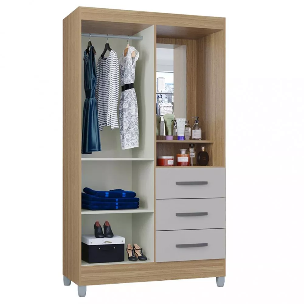 Guarda Roupa Solteiro com Espelho 2 Portas 3 Gavetas Madri Poquema