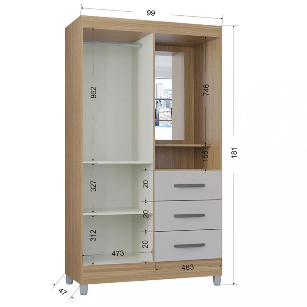 Guarda Roupa Solteiro com Espelho 2 Portas 3 Gavetas Madri Poquema