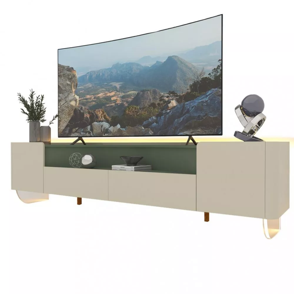 Rack para TV até 85 Polegadas com LED 2 Portas 2 Gavetas Pés de Vidro 100 MDF Infinity Gelius