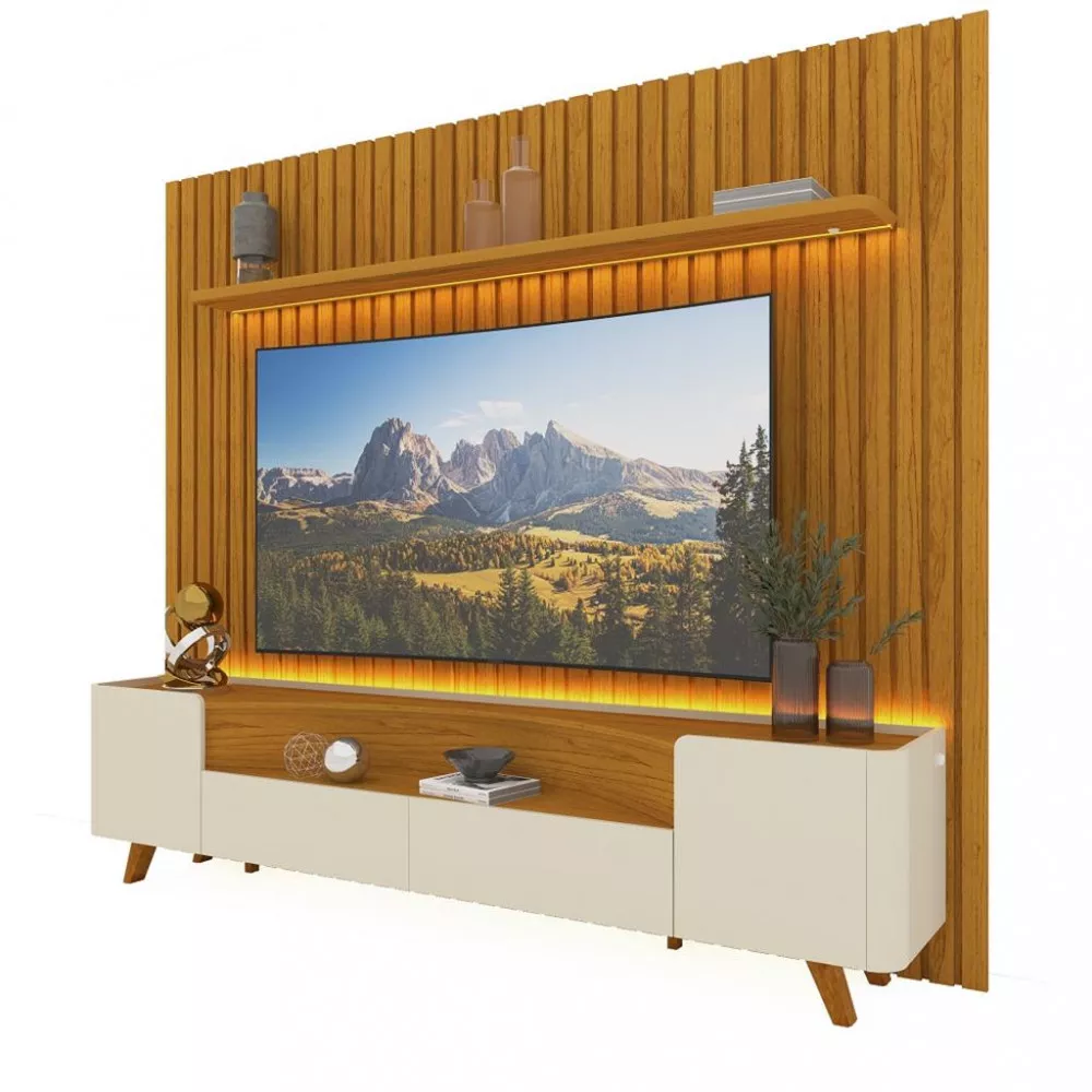 Rack com Painel para TV até 85 Polegadas 2 Portas 2 Gavetas 230cm Pés de Madeira Nobre Infinity Gelius