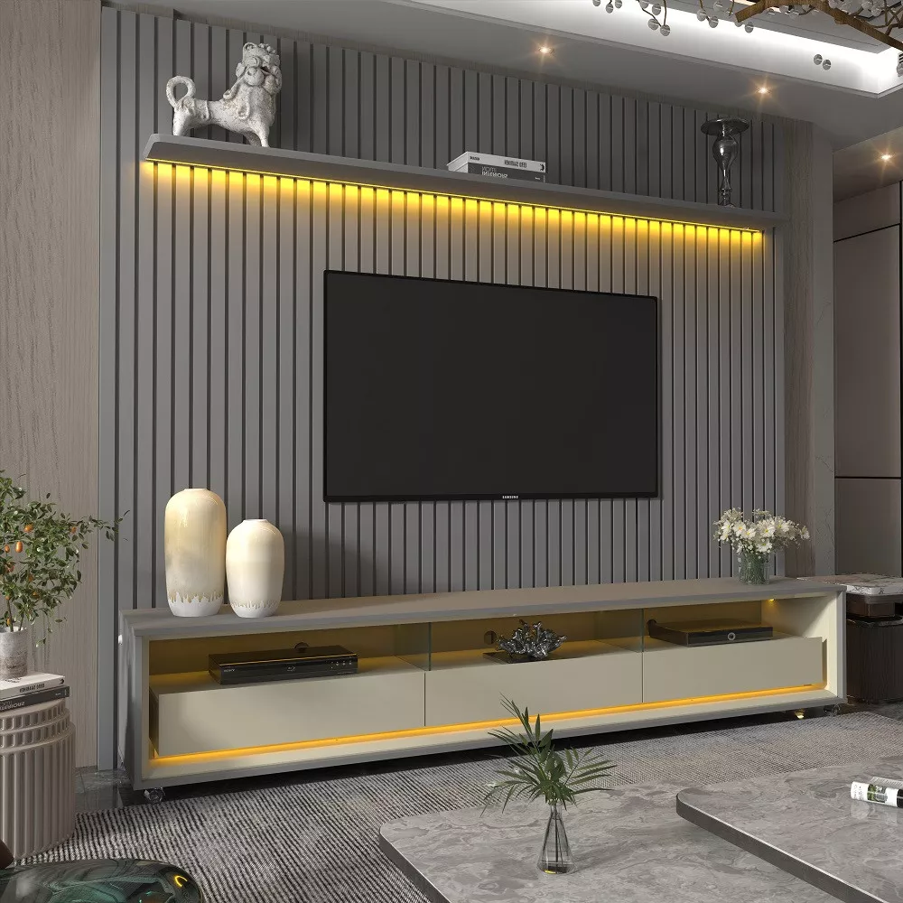 Rack com Painel para TV de Até 85 Polegadas 3 Gavetas 230cm Rodízios Nobre Requinte Gelius