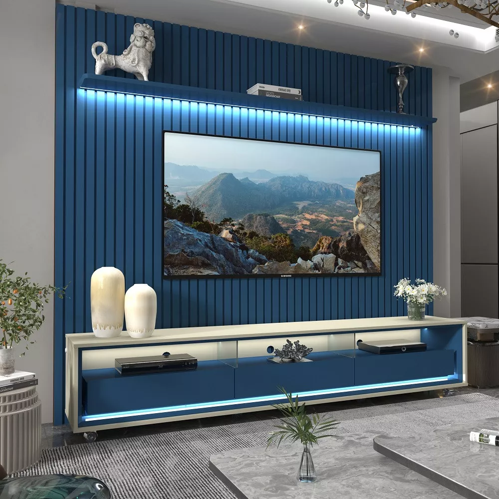 Rack com Painel para TV de Até 85 Polegadas 3 Gavetas 230cm Rodízios Nobre Requinte Gelius