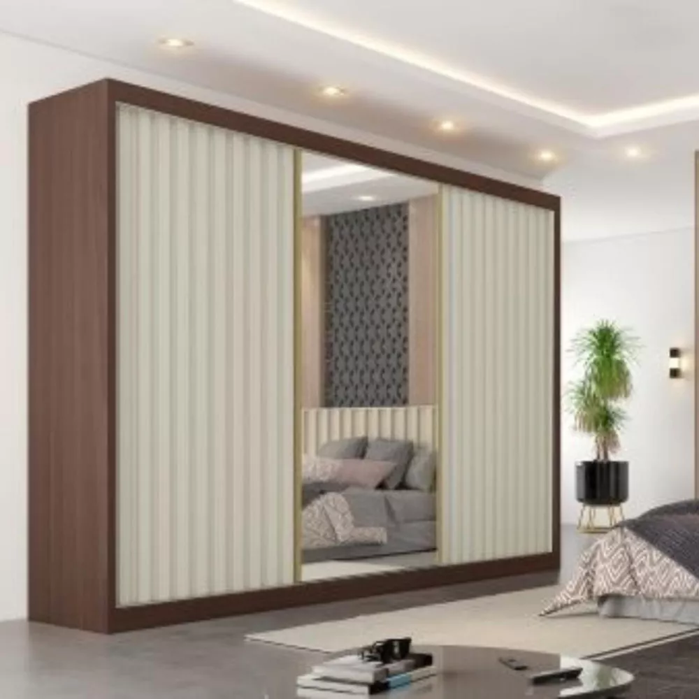 Guarda Roupa Casal Ripado com Espelho 3 Portas de Correr 100 MDF Athenas Europa