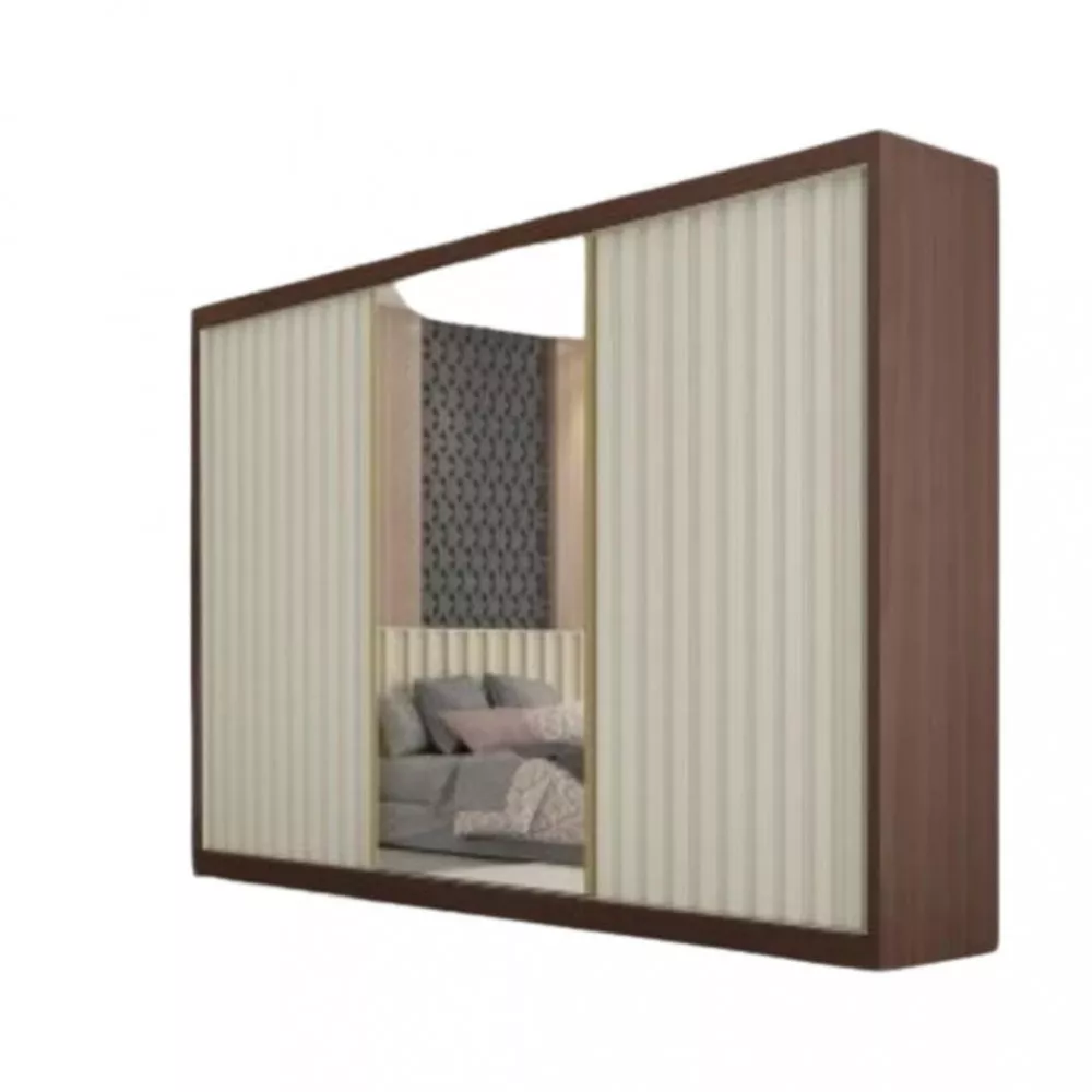 Guarda Roupa Casal Ripado com Espelho 3 Portas de Correr 100 MDF Athenas Europa