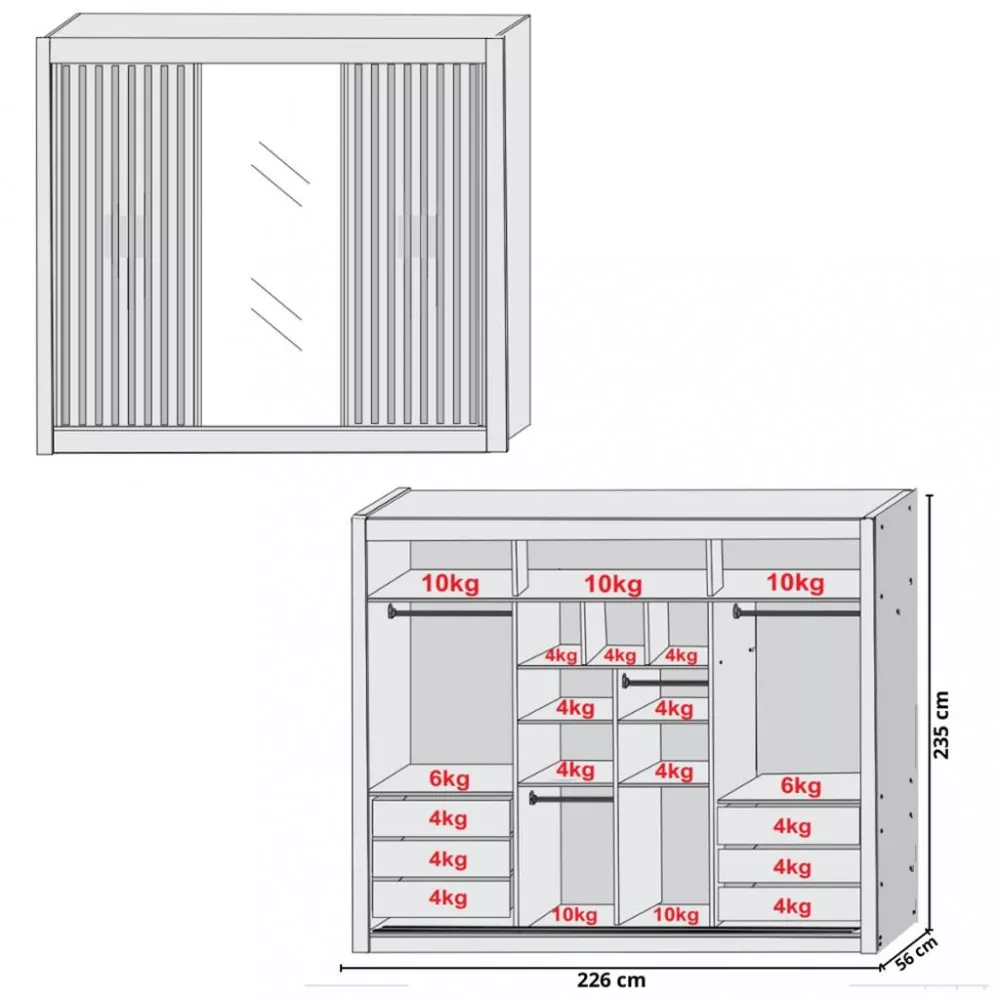 Guarda Roupa Casal Ripado com Espelho 3 Portas de Correr 100 MDF Athenas Europa