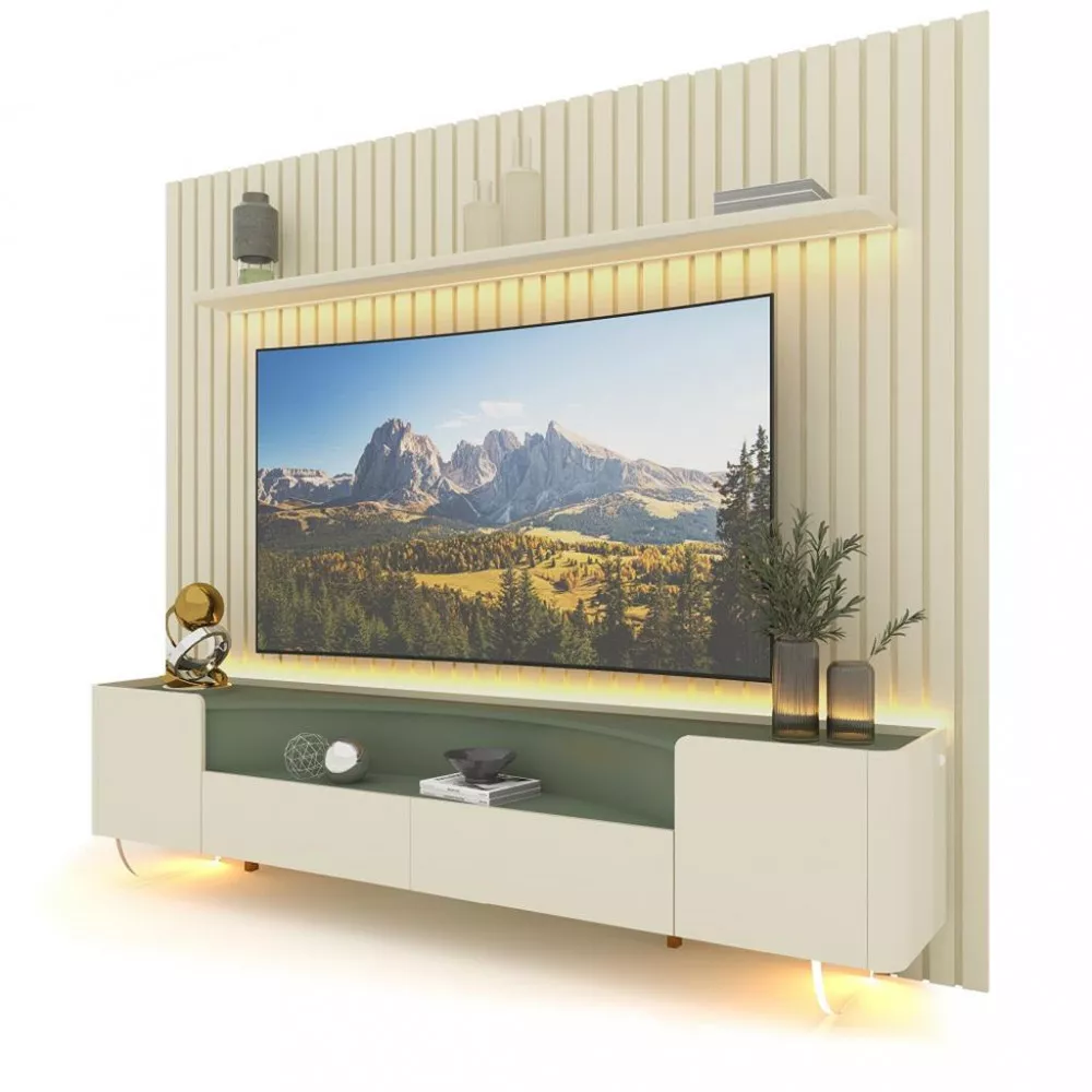 Rack com Painel para TV até 85 Polegadas 2 Portas 2 Gavetas 230cm Pés de Vidro Nobre Infinity Gelius
