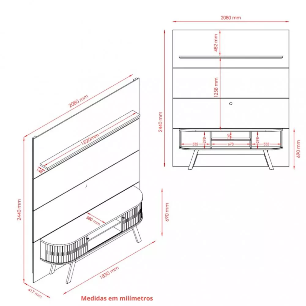 Rack com Painel para TV até 75 Polegadas 2 Portas de Correr Articulada com Pés Laguna Madetec