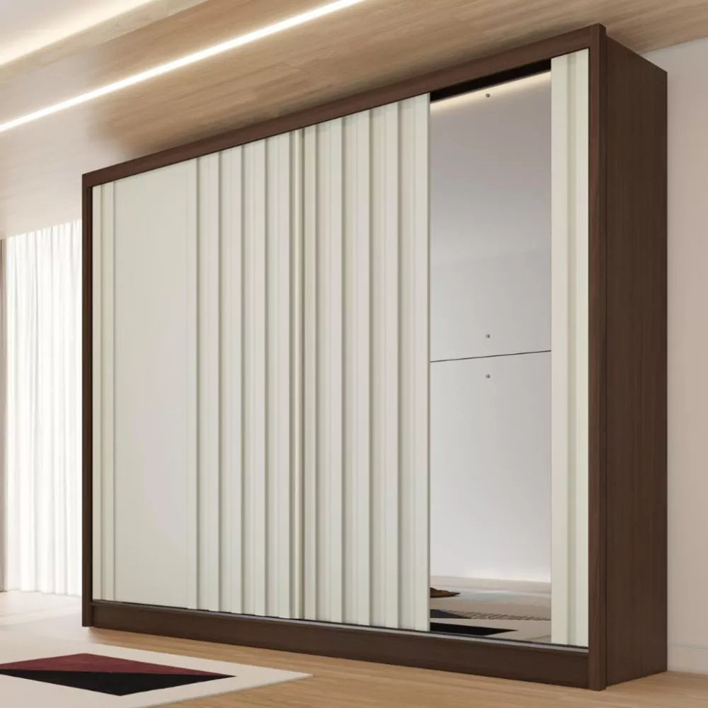 Guarda Roupa Casal Ripado com Espelho 2 Portas de Correr 100 MDF Galati Made Marcs