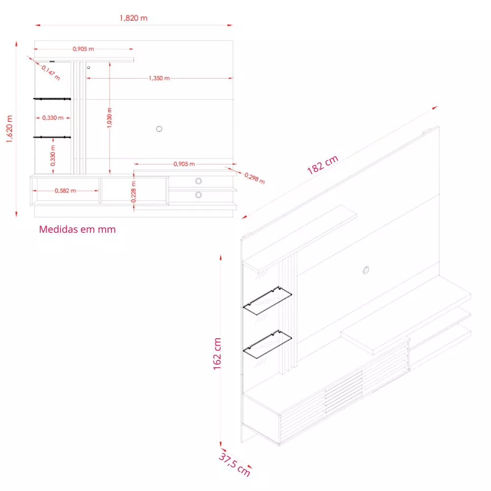 Painel para TV até 55 Polegadas com LED e Espelho 2 Portas de Correr Frizz Supreme Madetec