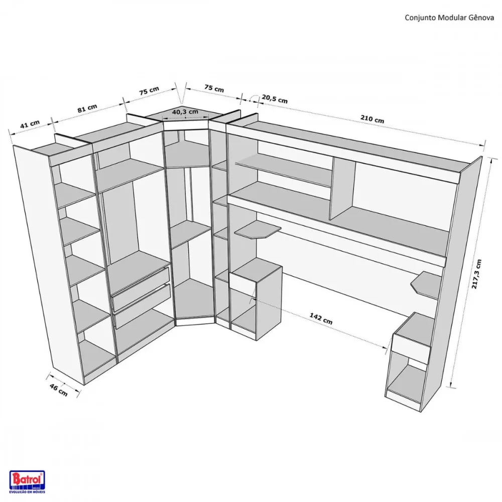 Guarda Roupa de Canto Modulado Casal Genova Ipe Wood Grafite Batrol