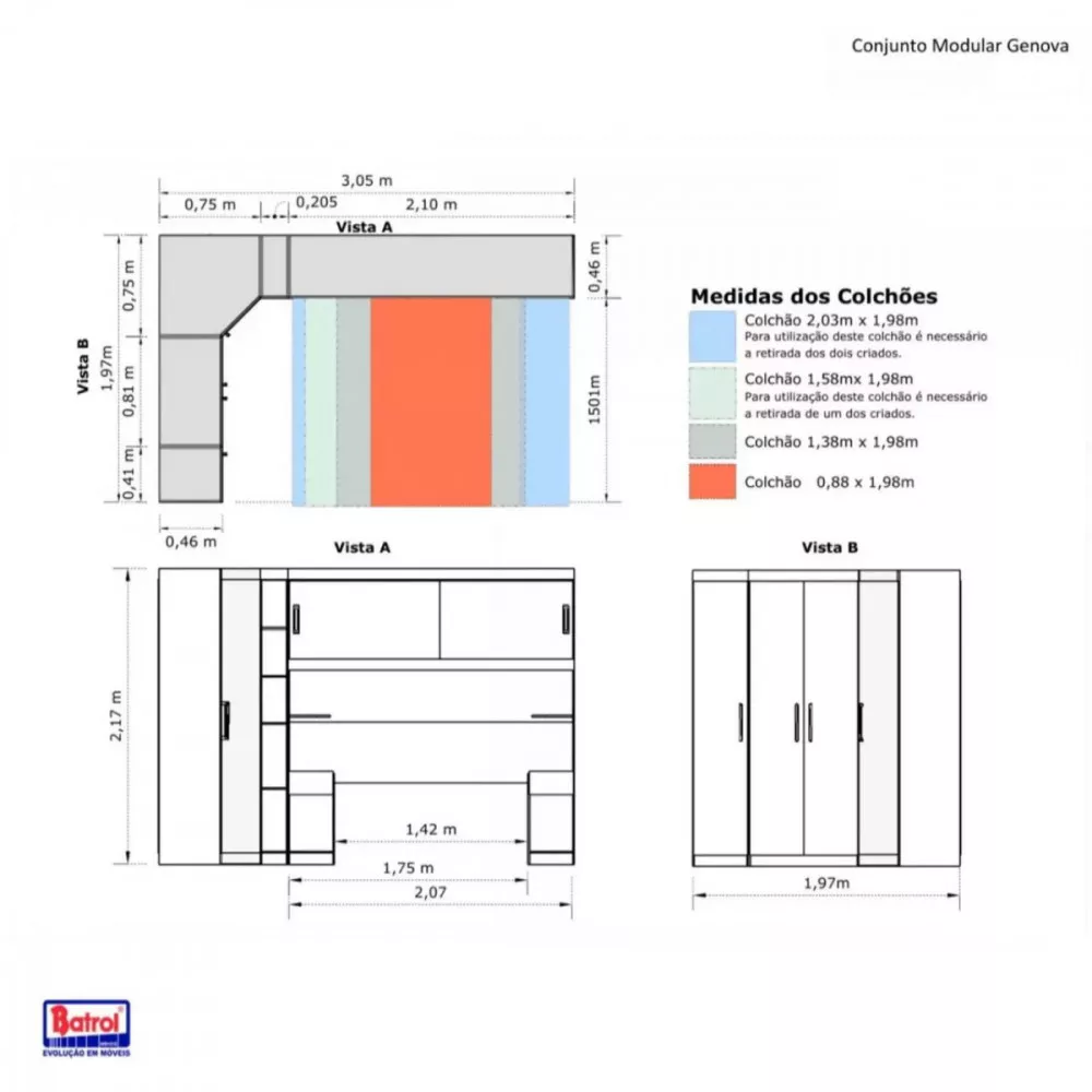 Guarda Roupa de Canto Modulado Casal Genova Ipe Wood Grafite Batrol