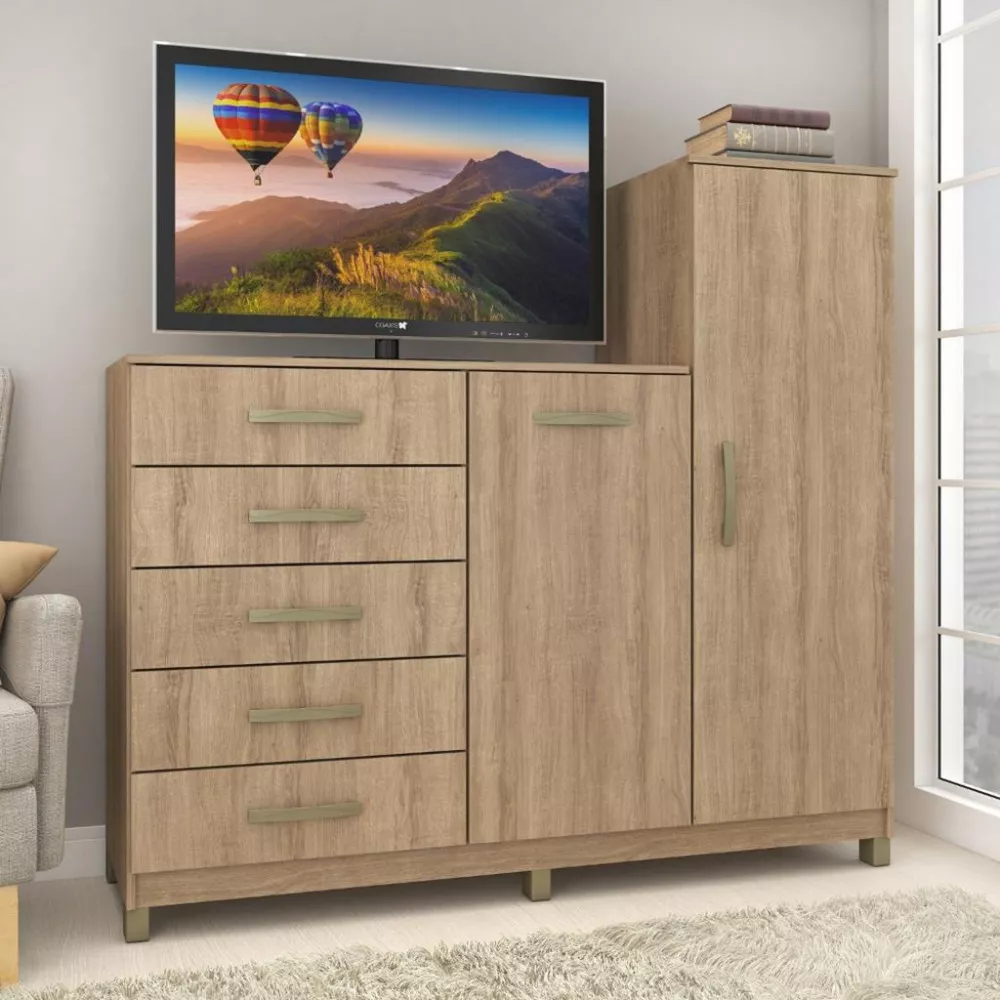 Cômoda 2 Portas 5 Gavetas Cabideiro Chicago Fellicci Móveis