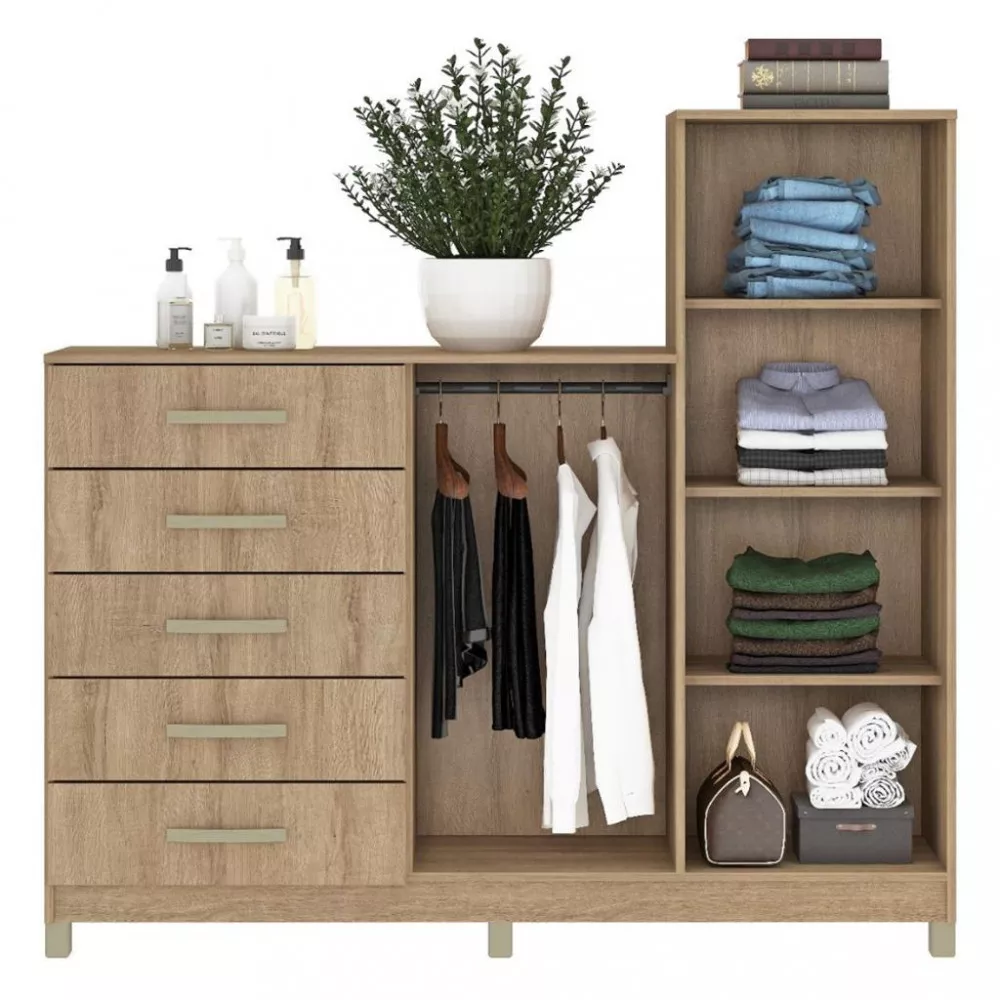 Cômoda 2 Portas 5 Gavetas Cabideiro Chicago Fellicci Móveis