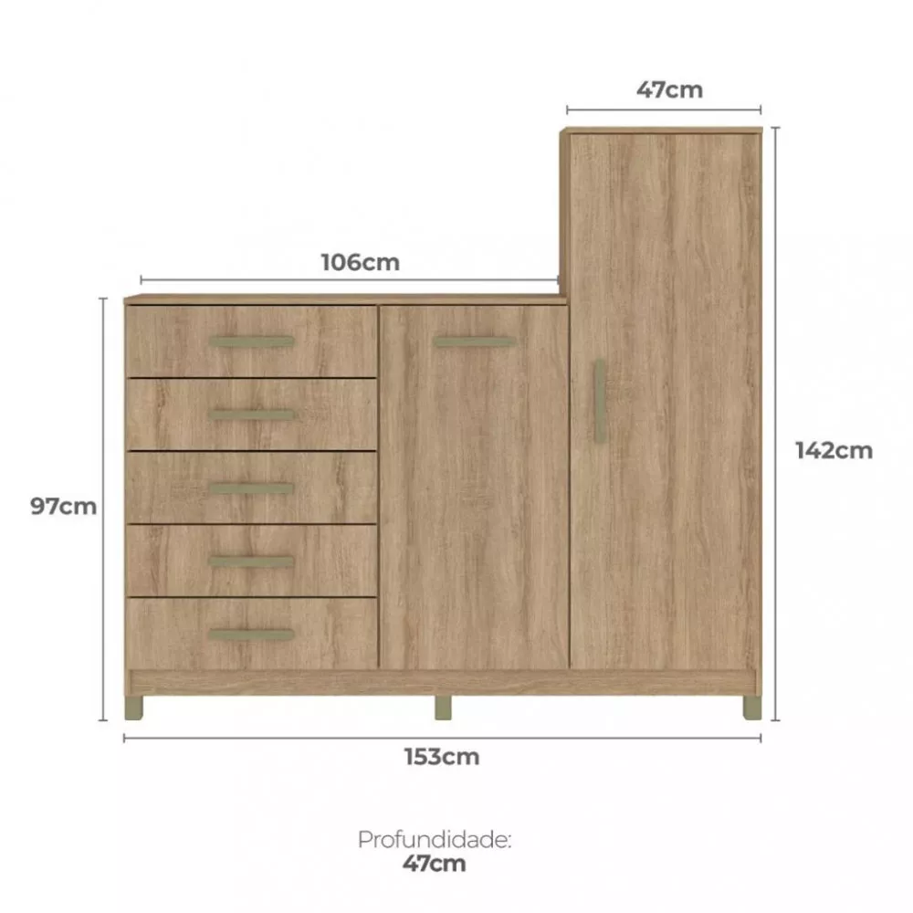 Cômoda 2 Portas 5 Gavetas Cabideiro Chicago Fellicci Móveis