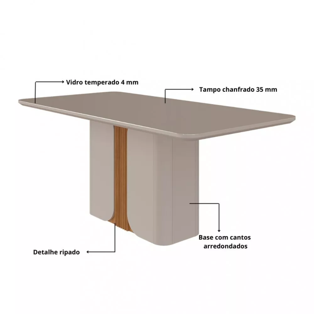 Mesa de Jantar 180cm Com Vidro Charlote Cimol
