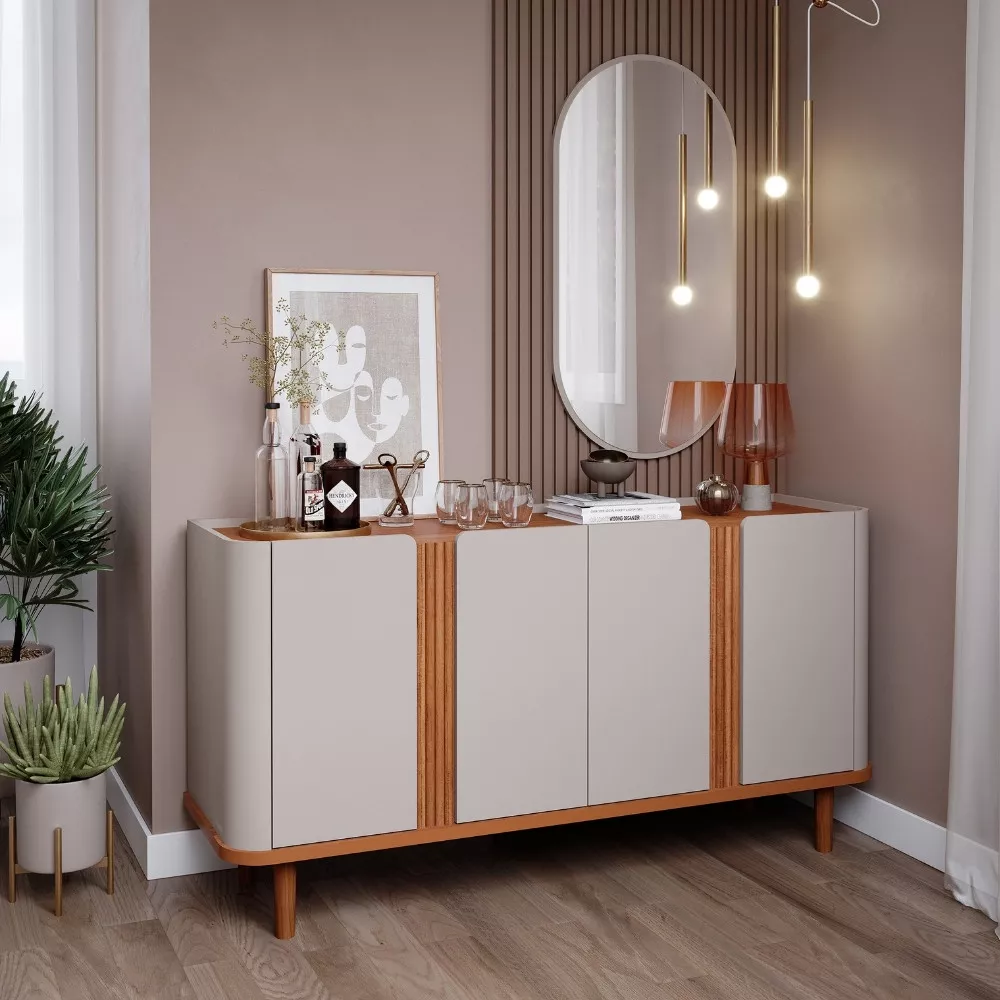 Aparador Buffet Ripado 4 Portas com Pés de Madeira 100 MDF Eva Cimol