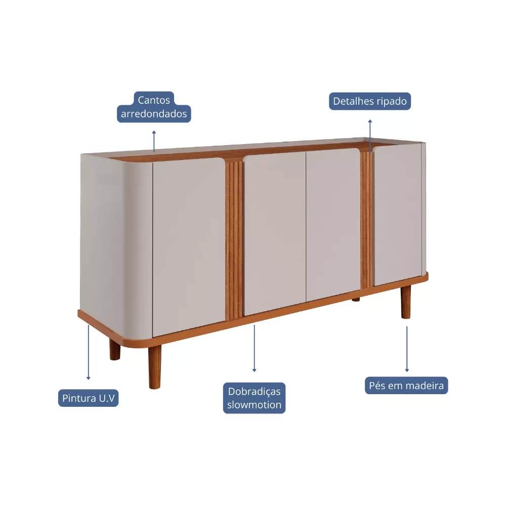 Image 2 of 5 of Aparador Buffet Ripado 4 Portas com Pés de Madeira 100 MDF Eva Cimol