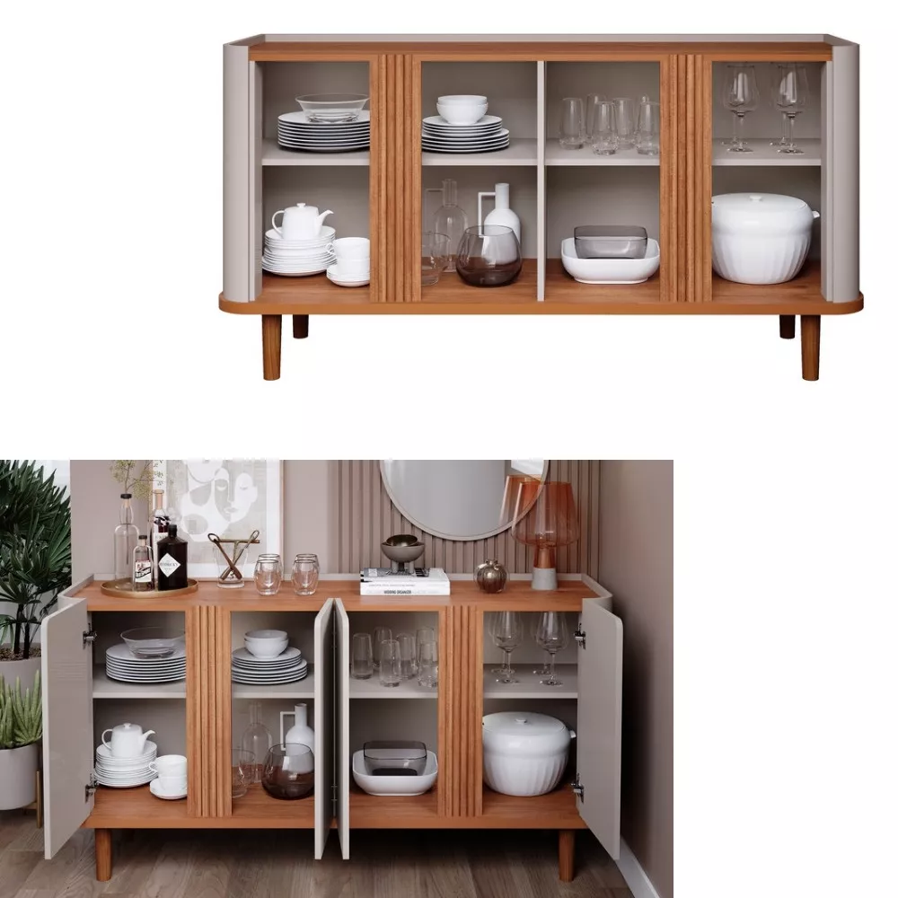 Image 4 of 5 of Aparador Buffet Ripado 4 Portas com Pés de Madeira 100 MDF Eva Cimol