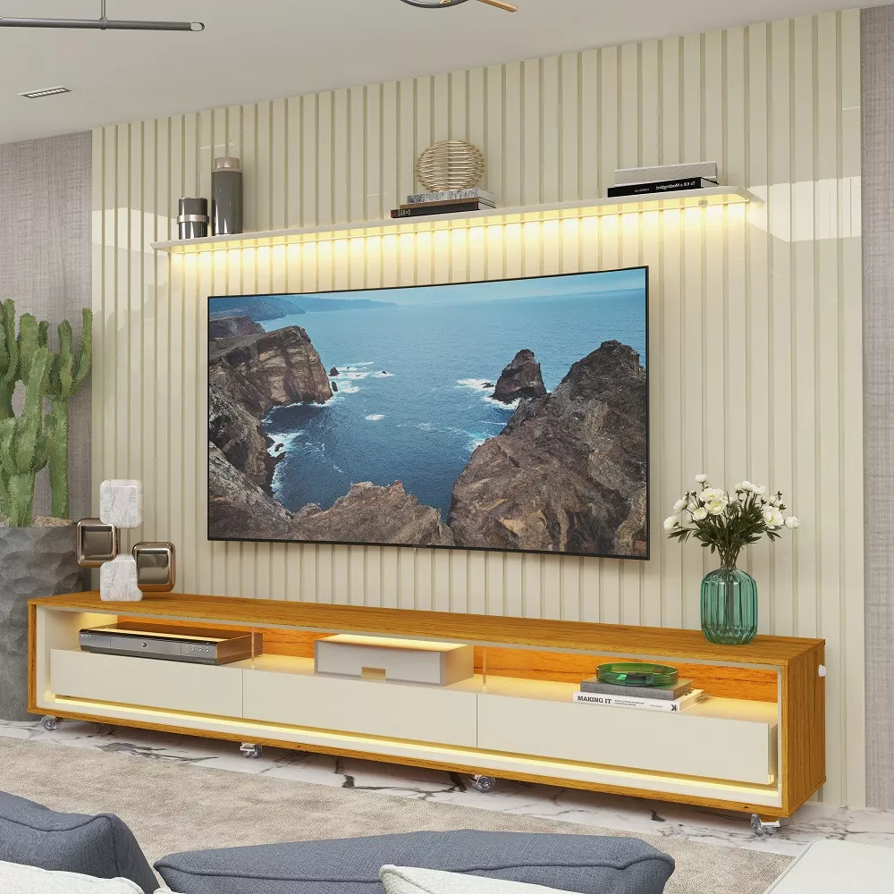 Rack com Painel para TV até 85 Polegadas 3 Gavetas Ripado LED com Rodízios Nobre Requinte Gelius