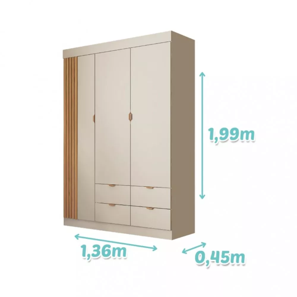 Guarda Roupa Infantil 3 Portas 4 Gavetas Ripado Ayla Phoenix Baby