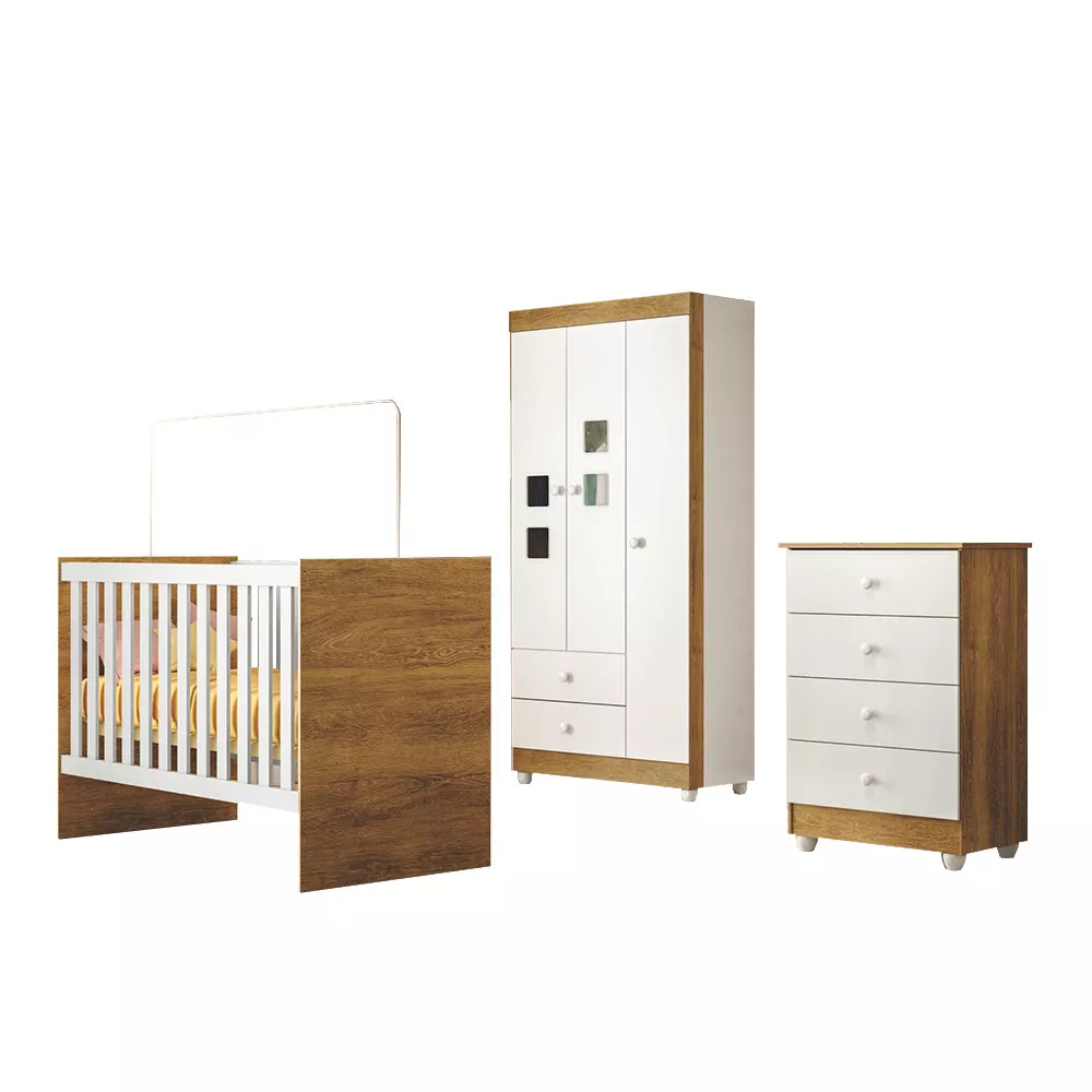 Quarto de Bebê, Cômoda, Berço e Guarda Roupa Life Tigus Baby