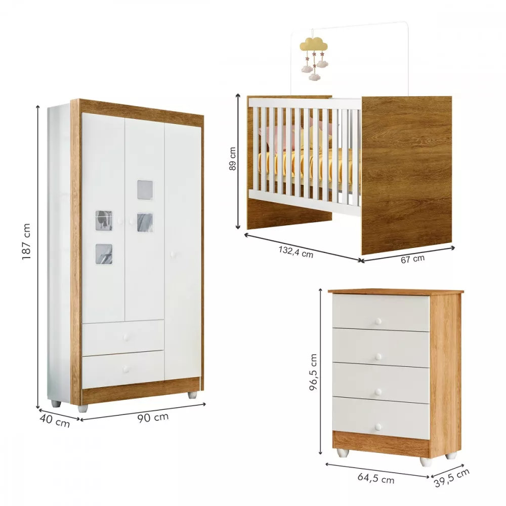 Quarto de Bebê, Cômoda, Berço e Guarda Roupa Life Tigus Baby
