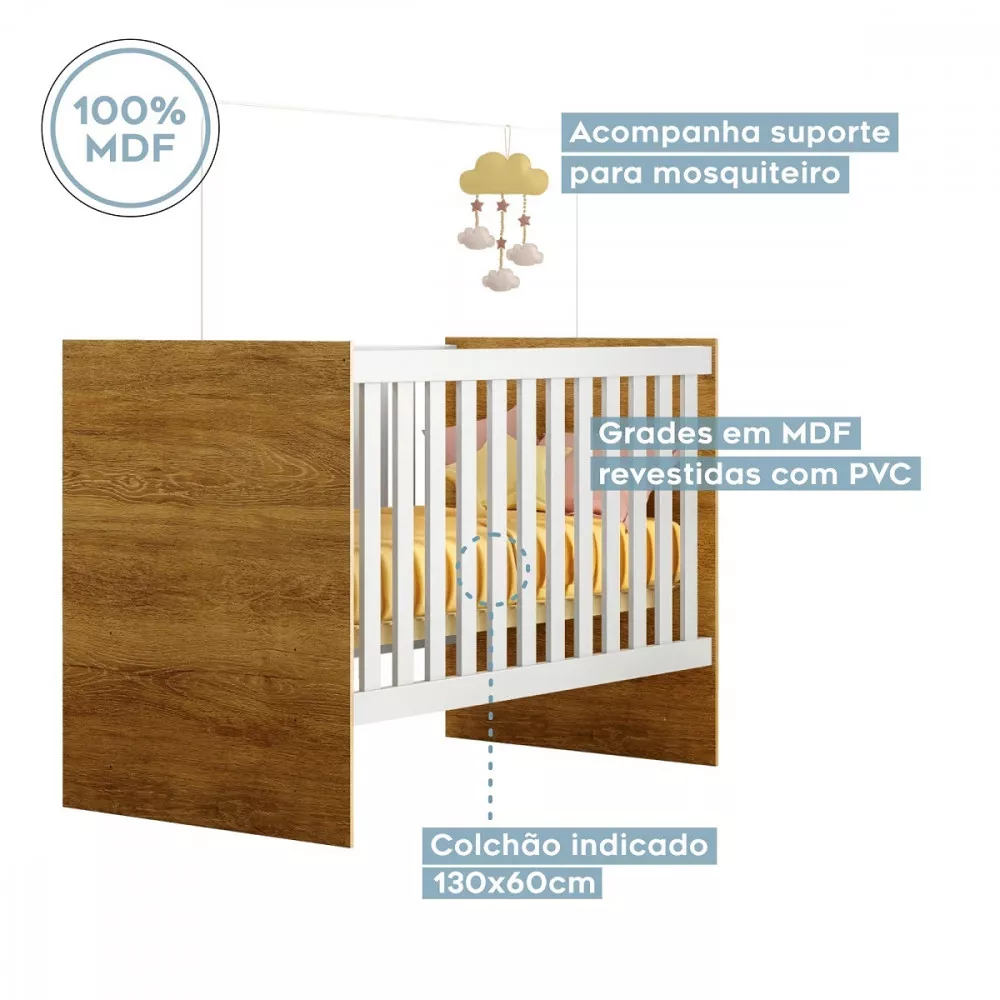 Quarto de Bebê, Cômoda, Berço e Guarda Roupa Life Tigus Baby