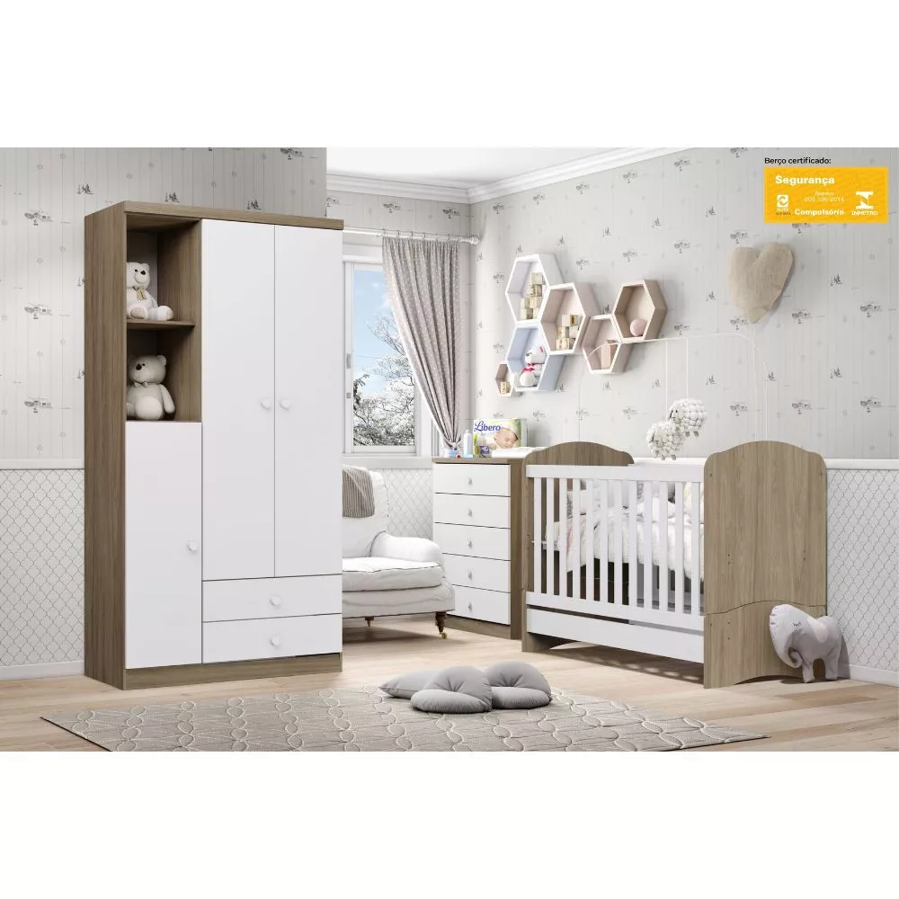Quarto de Bebê Completo Berço Mini Cama Guarda Roupa 3 Portas 2 Gavetas e Cômoda 5 Gavetas Bala de Menta Henn