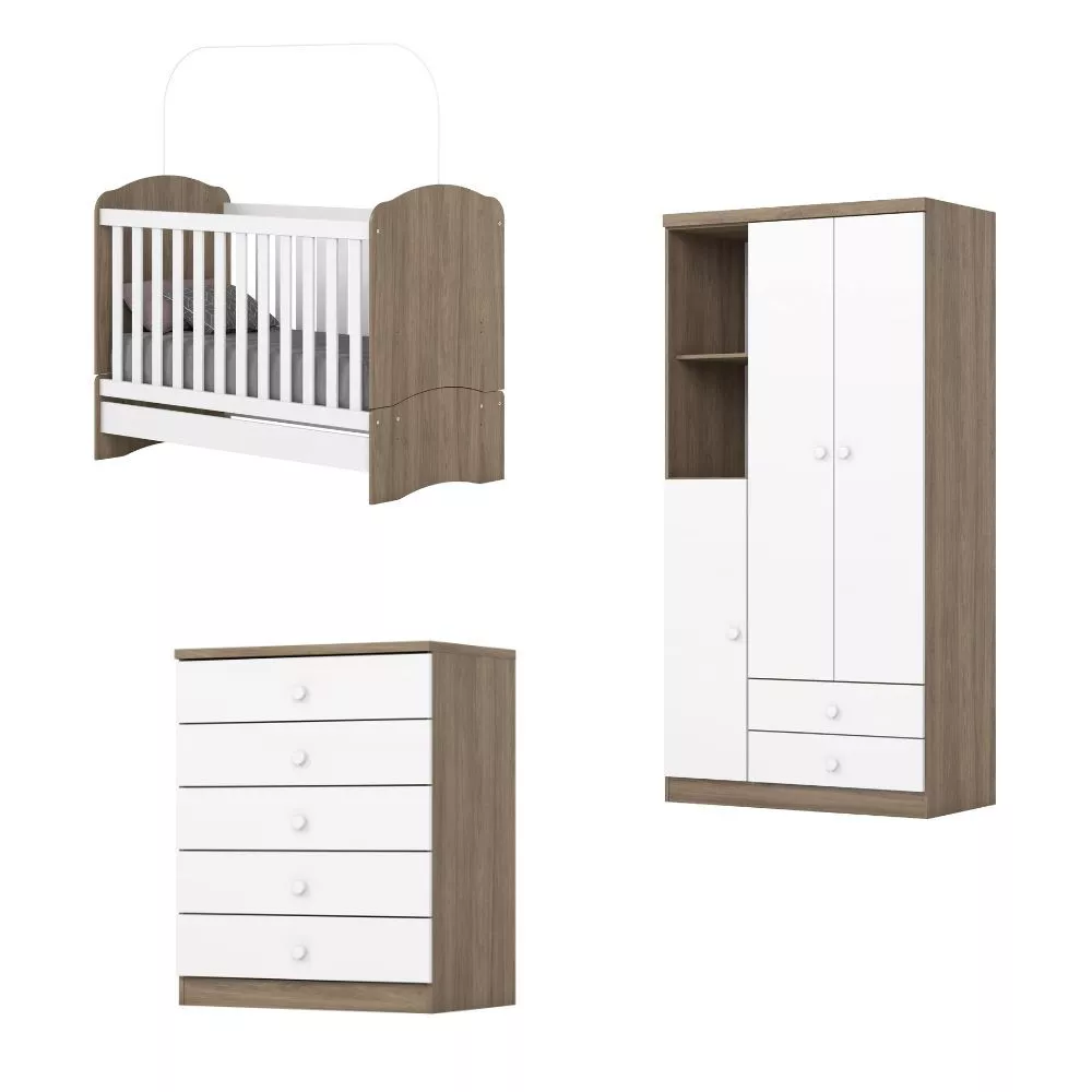 Quarto de Bebê Completo Berço Mini Cama Guarda Roupa 3 Portas 2 Gavetas e Cômoda 5 Gavetas Bala de Menta Henn