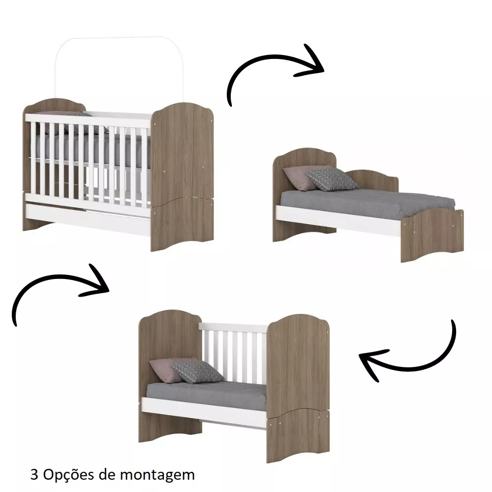 Quarto de Bebê Completo Berço Mini Cama Guarda Roupa 3 Portas 2 Gavetas e Cômoda 5 Gavetas Bala de Menta Henn