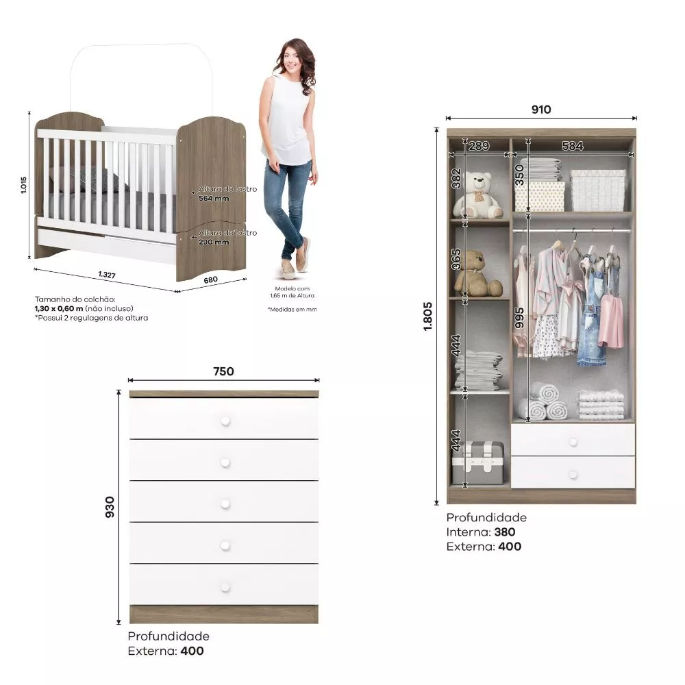 Quarto de Bebê Completo Berço Mini Cama Guarda Roupa 3 Portas 2 Gavetas e Cômoda 5 Gavetas Bala de Menta Henn