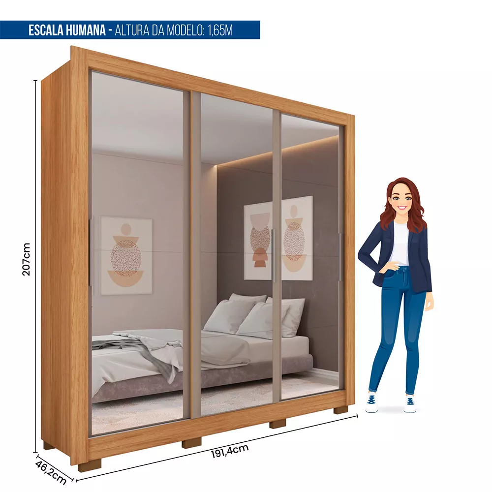 Guarda Roupa com Espelhos 3 Portas 4 Gavetas com Pés Santiago Caemmun