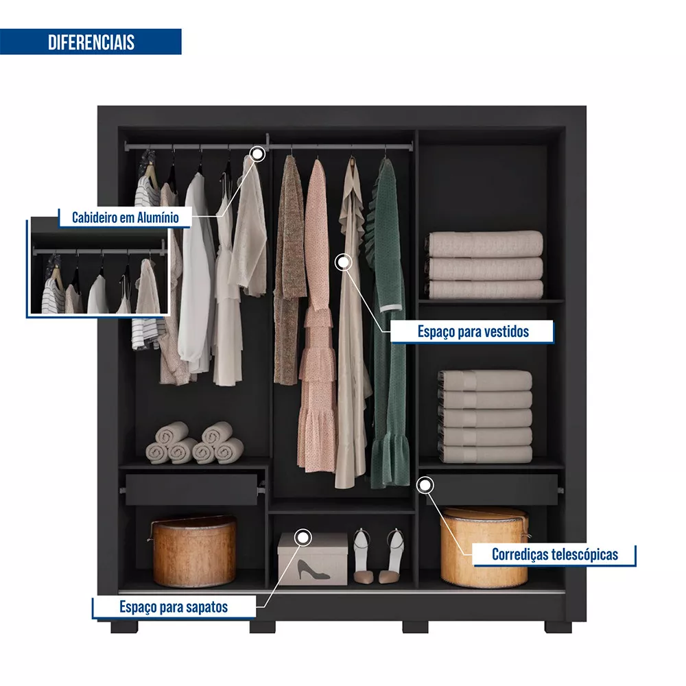 Guarda Roupa com Espelhos 3 Portas 2 Gavetas com Pés Santiago Caemmun