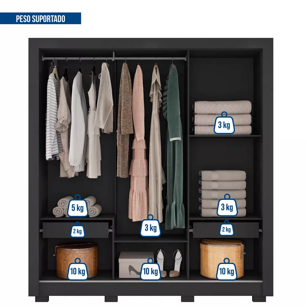 Guarda Roupa com Espelhos 3 Portas 2 Gavetas com Pés Santiago Caemmun