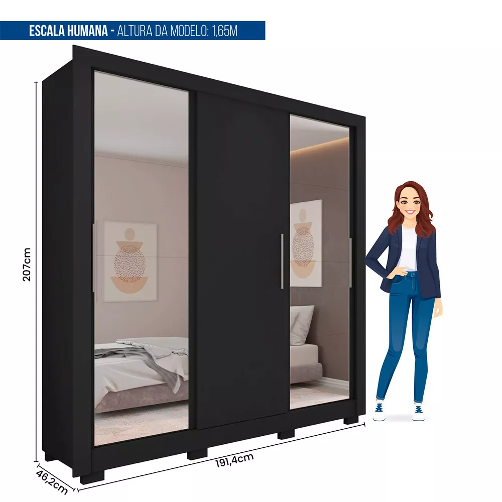 Guarda Roupa com Espelhos 3 Portas 2 Gavetas com Pés Santiago Caemmun
