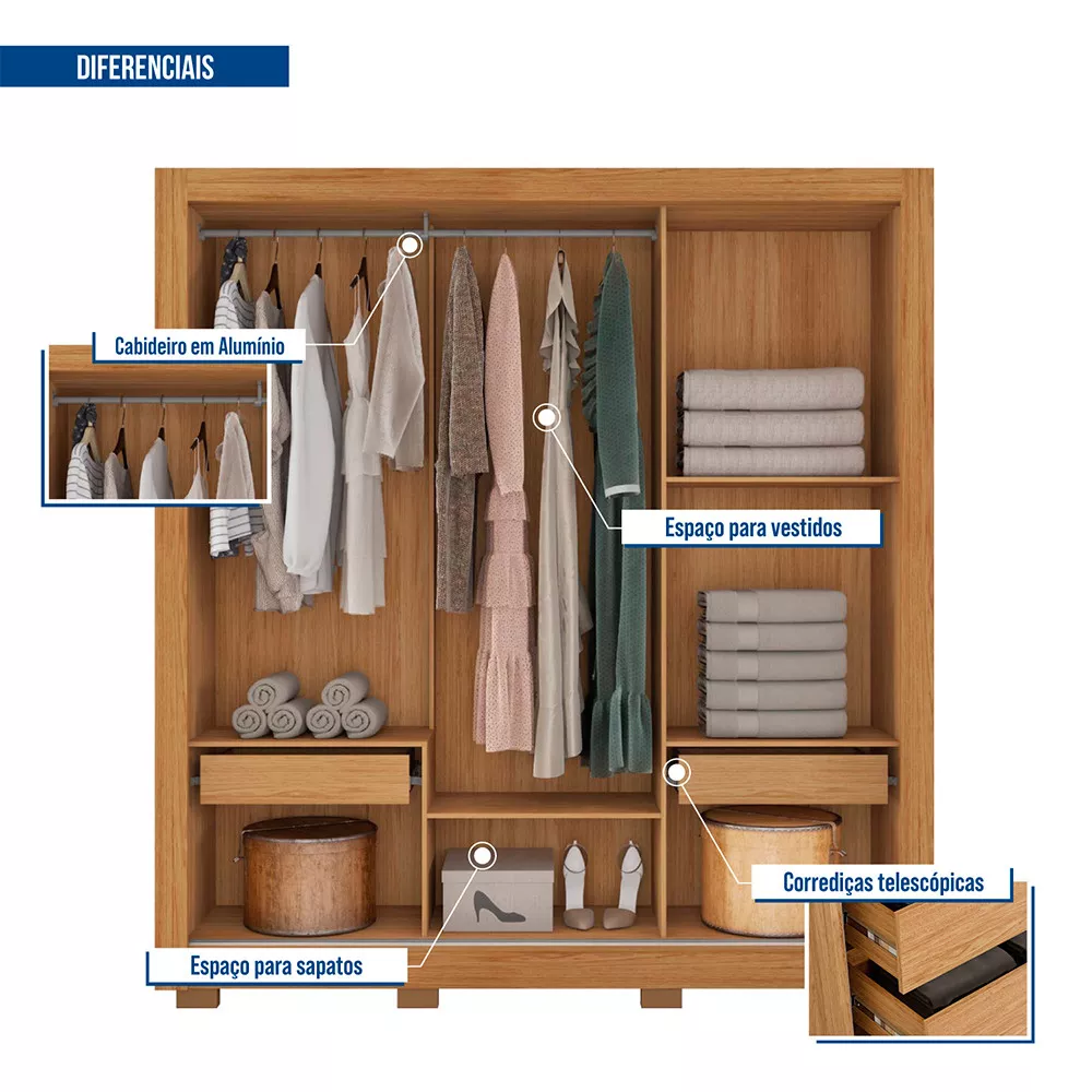 Guarda Roupa 3 Portas 2 Gavetas com Pés Santiago Caemmun