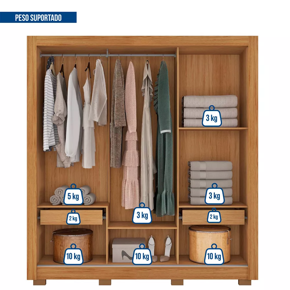 Guarda Roupa 3 Portas 2 Gavetas com Pés Santiago Caemmun