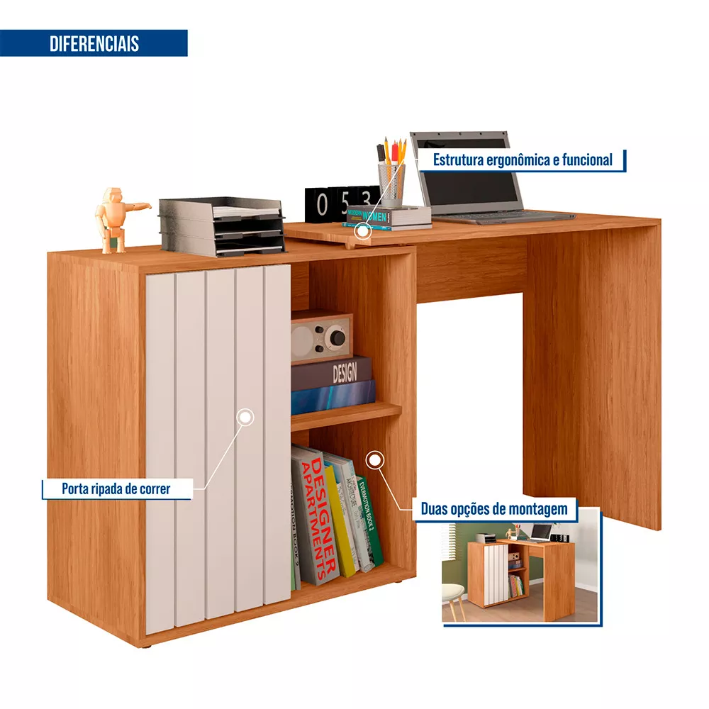 Escrivaninha para Escritório com 1 Porta Ripada Tech Caemmun