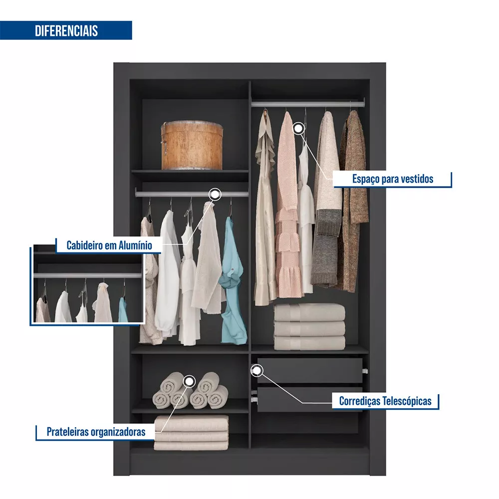Guarda Roupa com Espelhos 2 Portas 2 Gavetas Santiago Caemmun