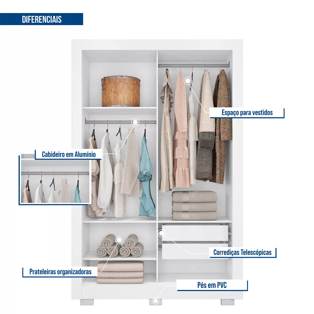 Guarda Roupa com Espelhos 2 Portas 2 Gavetas com Pés Santiago Caemmun