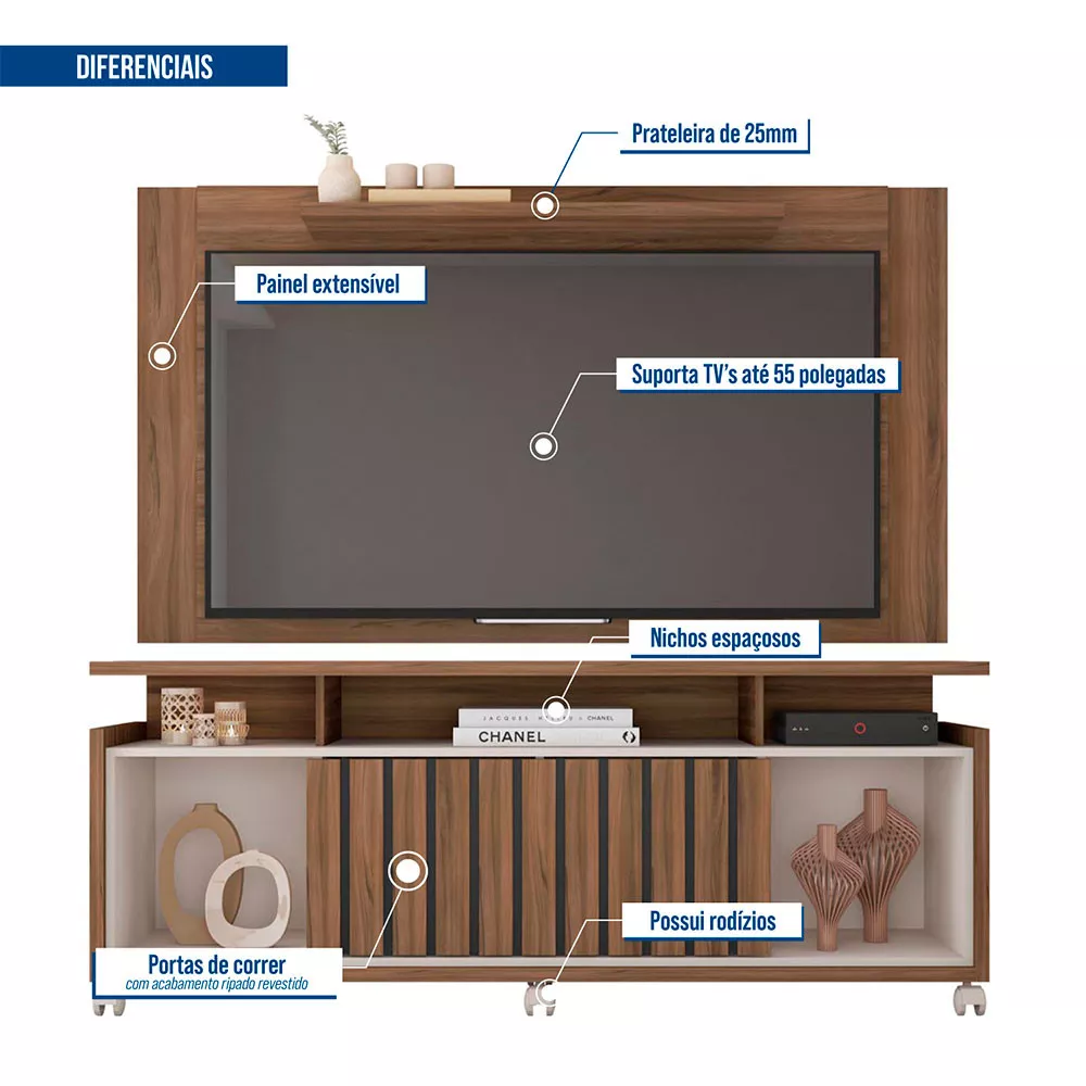 Composição Rack Oasis com Painel Extensível Múltiplus para Tv até 55 Polegadas Caemmun