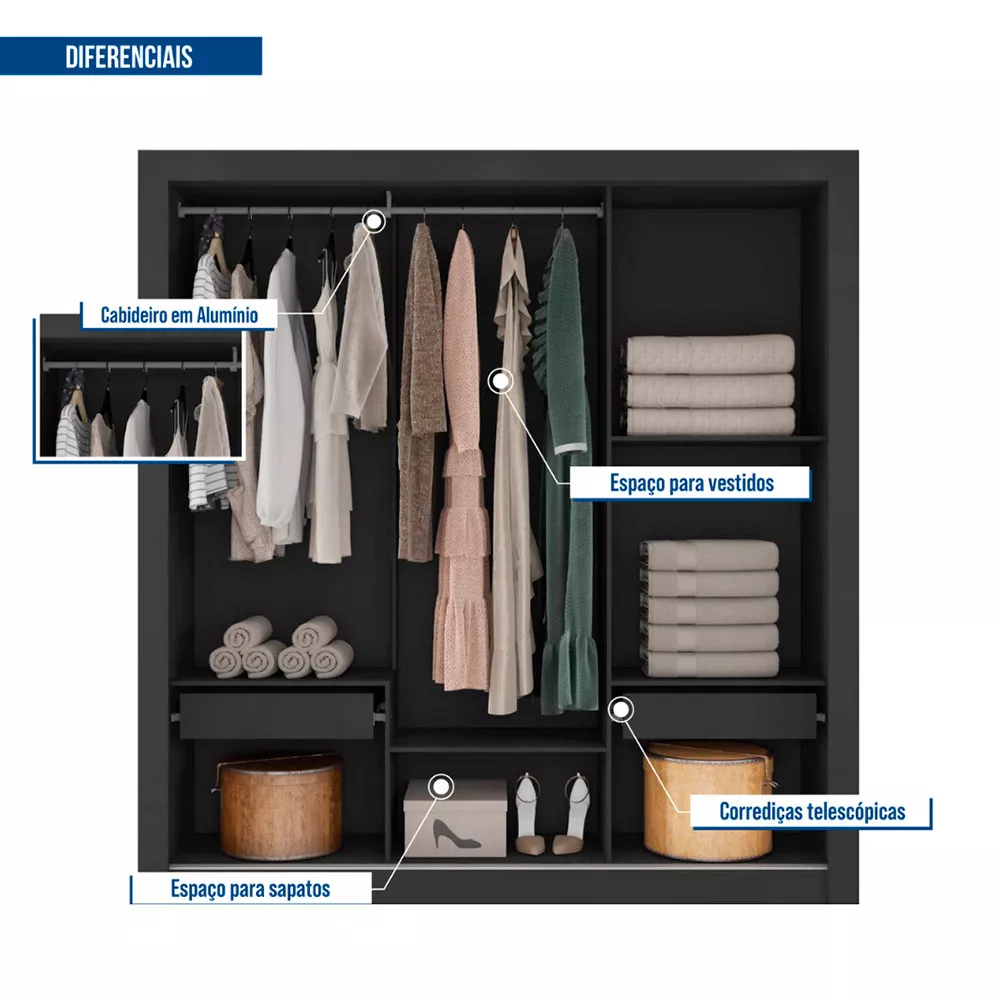 Guarda Roupa com Espelhos 3 Portas 2 Gavetas Santiago Caemmun