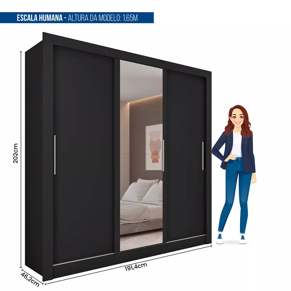 Guarda Roupa com Espelhos 3 Portas 2 Gavetas Santiago Caemmun