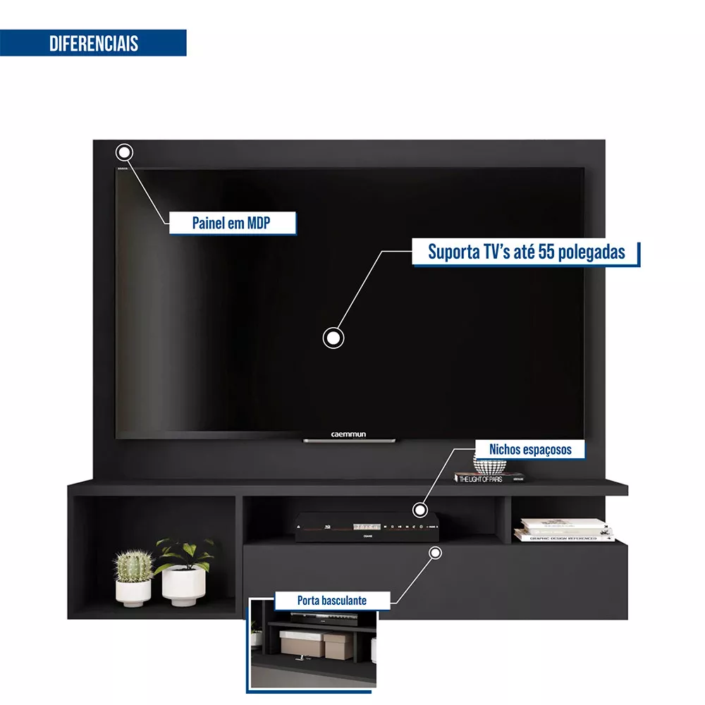 Painel para Tv até 55 Polegadas Nicho com Porta Basculante Brasil Caemmun