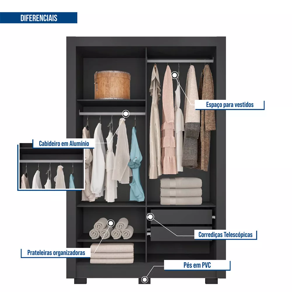 Guarda Roupa com Espelhos 2 Portas 2 Gavetas com Pés Santiago Caemmun