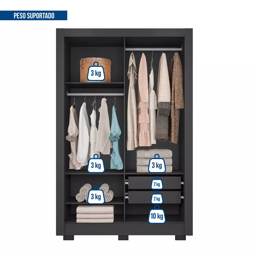 Guarda Roupa com Espelhos 2 Portas 2 Gavetas com Pés Santiago Caemmun