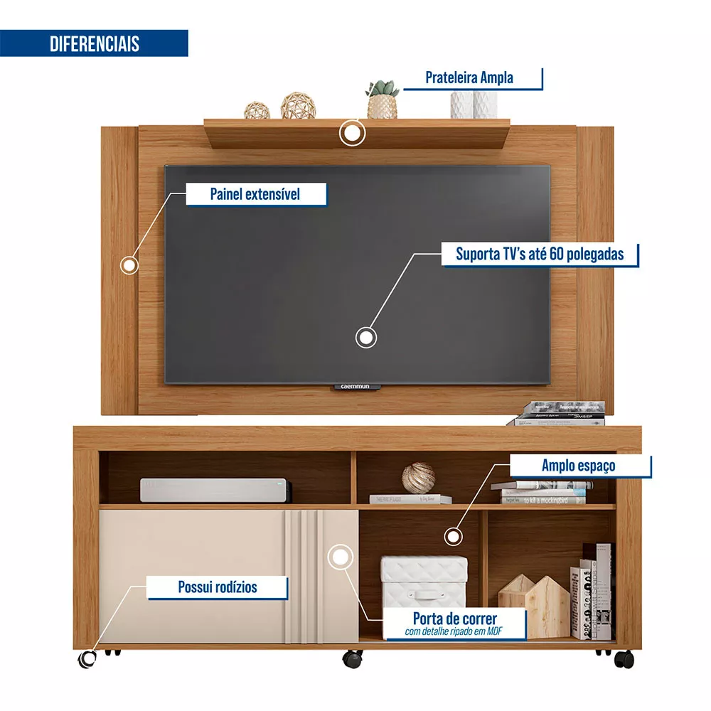 Composição Rack Joy com Painel Extensível Múltiplus para Tv até 55 Polegadas Caemmun